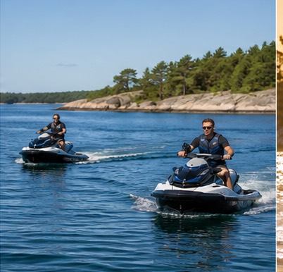 Två vattenskotrar på lugnt skärgårdsvatten