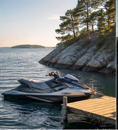 Vattenskoter ligger vid brygga i skärgårdsmiljö