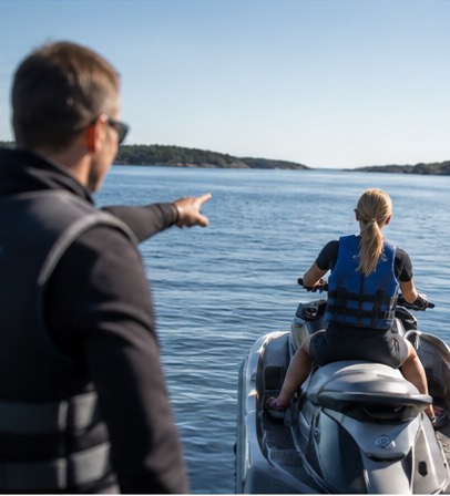 Instruktör guidar deltagare ut mot öppet vatten